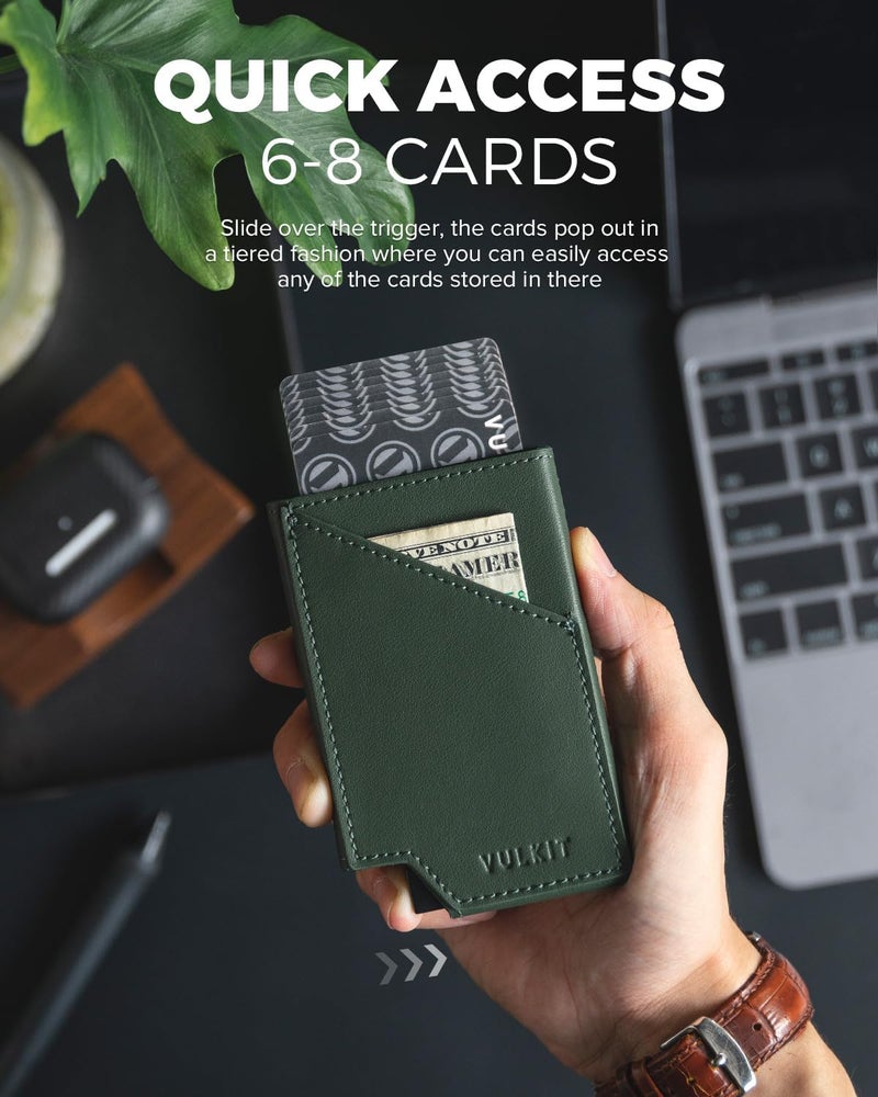 VULKIT Pop up Card Wallet RFID Blocking Slim Aluminum Metal Bank Card Holder Case with Business Money Pocket for Credit Cards Notes and Coins Green - Image 3